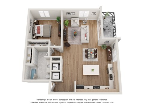 a stylized floor plan of a 1 bedroom apartment